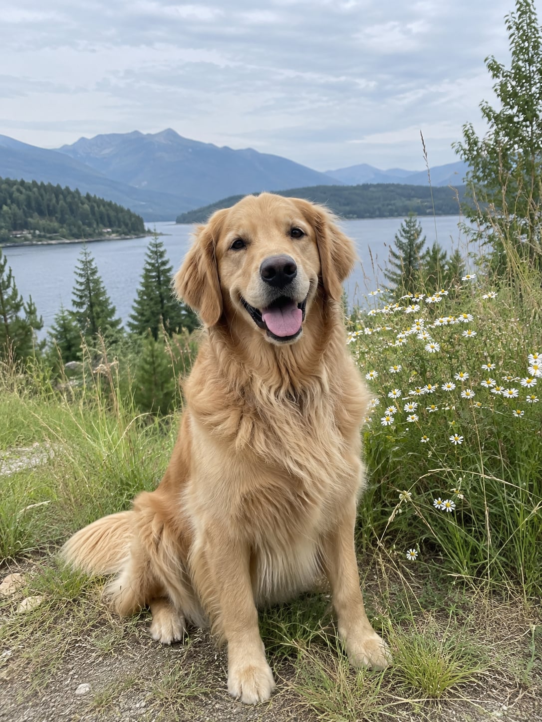 草丛与花朵旁的金毛犬