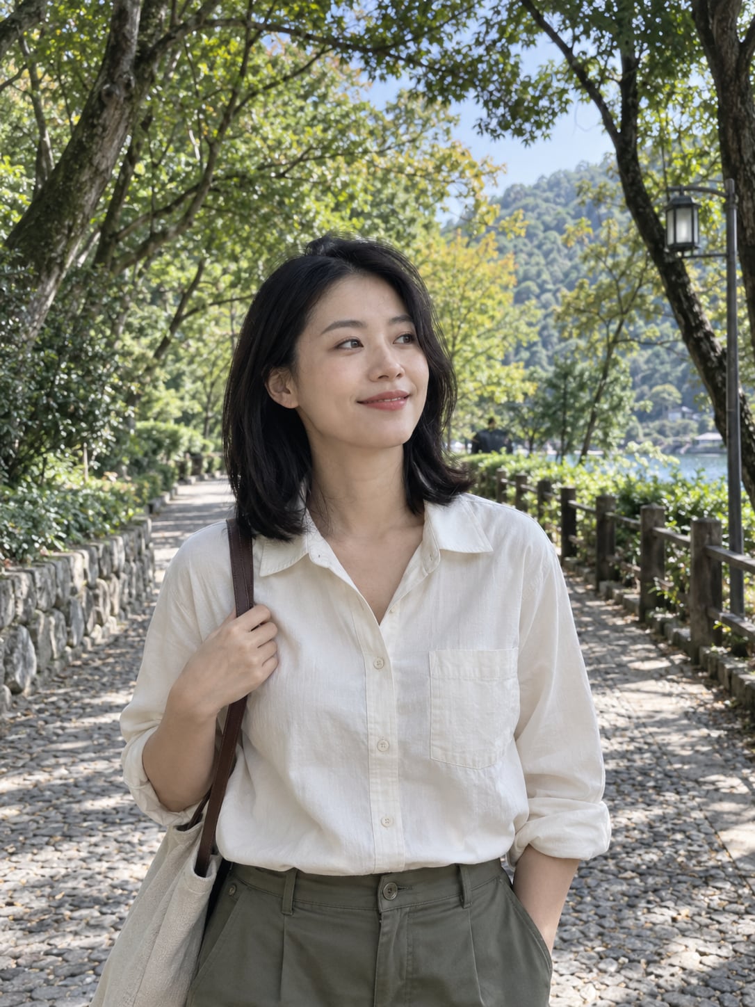 穿白衬衫的虚构女性站在林荫小径